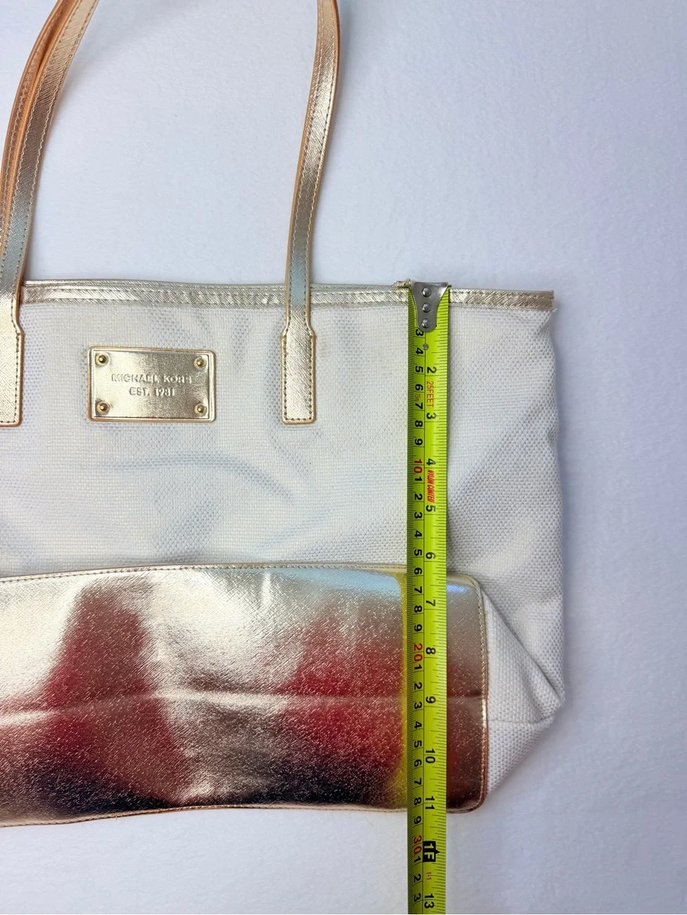 Michael Kors Champagne Woven Tote Bag Metallic Croc Trim Large Shopper